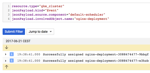 Filtered events in the Stackdriver Logging interface